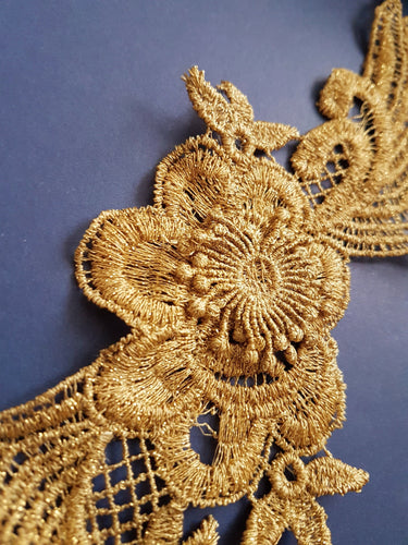 Antique Gold / Bronze Tone Crochet Thread Fabric Applique With Leaves and Flowers, Flower Applique - 200317A86